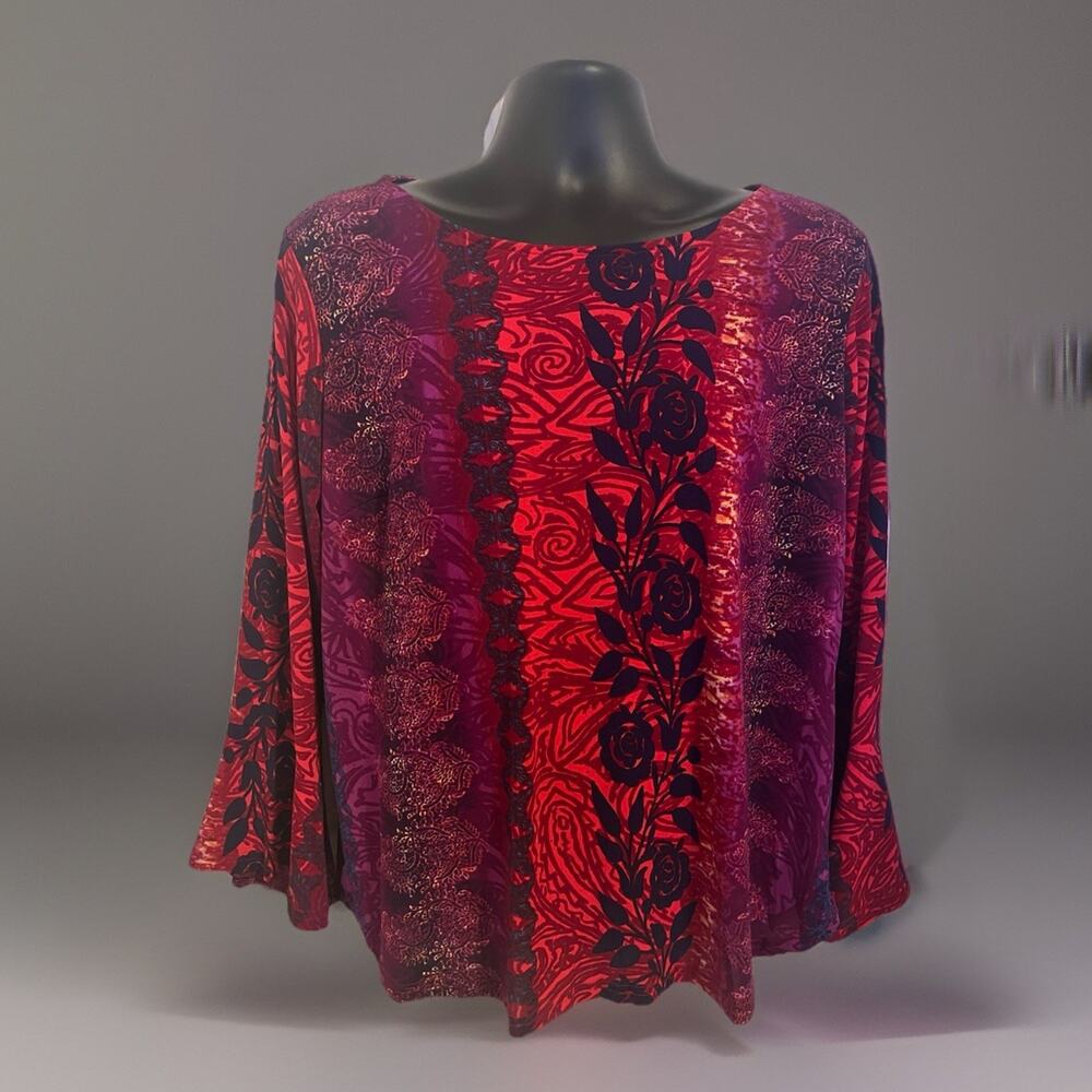 VTG Y2K 90s Bob Mackie Fairy Top Red Purple Floral Rose Art Flare Bell Sleeves L